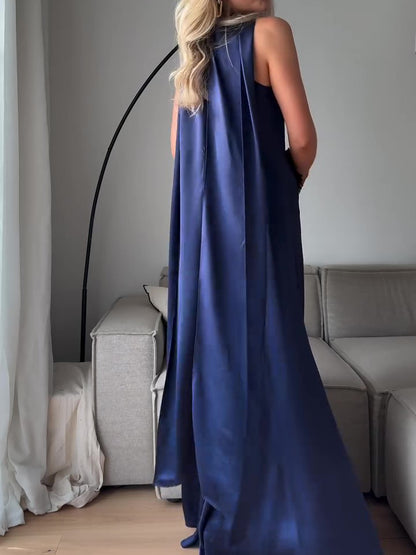 Maxi Dress in Royal Blue Satin with Draped Scarf Neck - back view showing the full-length scarf detail