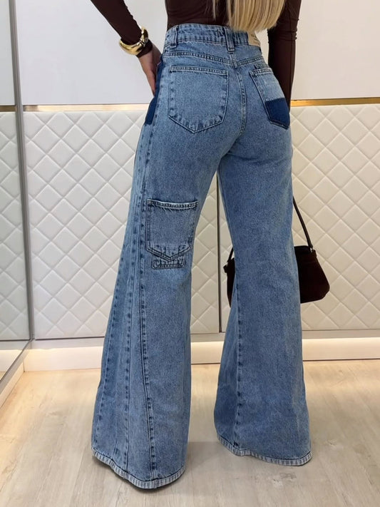 Light Blue High-Waisted Contrast Panel Flared Jeans - light blue back view with rear patch pocket detail