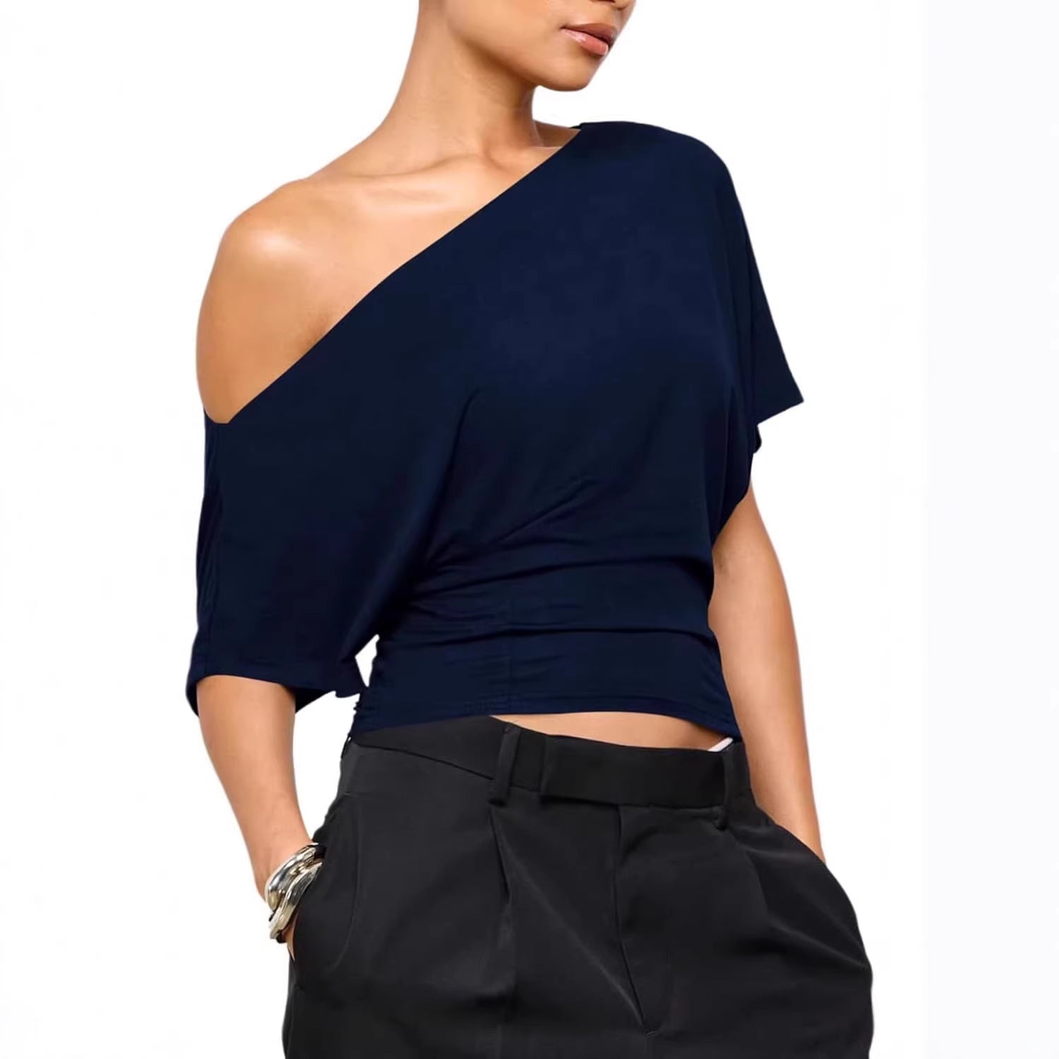 One-Shoulder Top with Twist-Hem Drape - Dark Blue front view