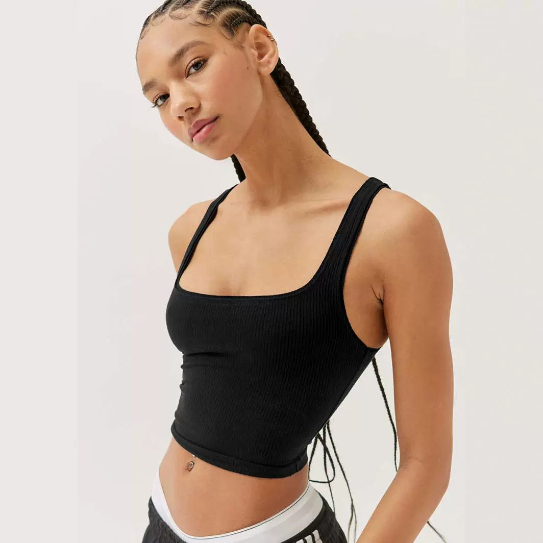 Crop Vest Top with Square Neck and Ribbed Stretch - black angled front view