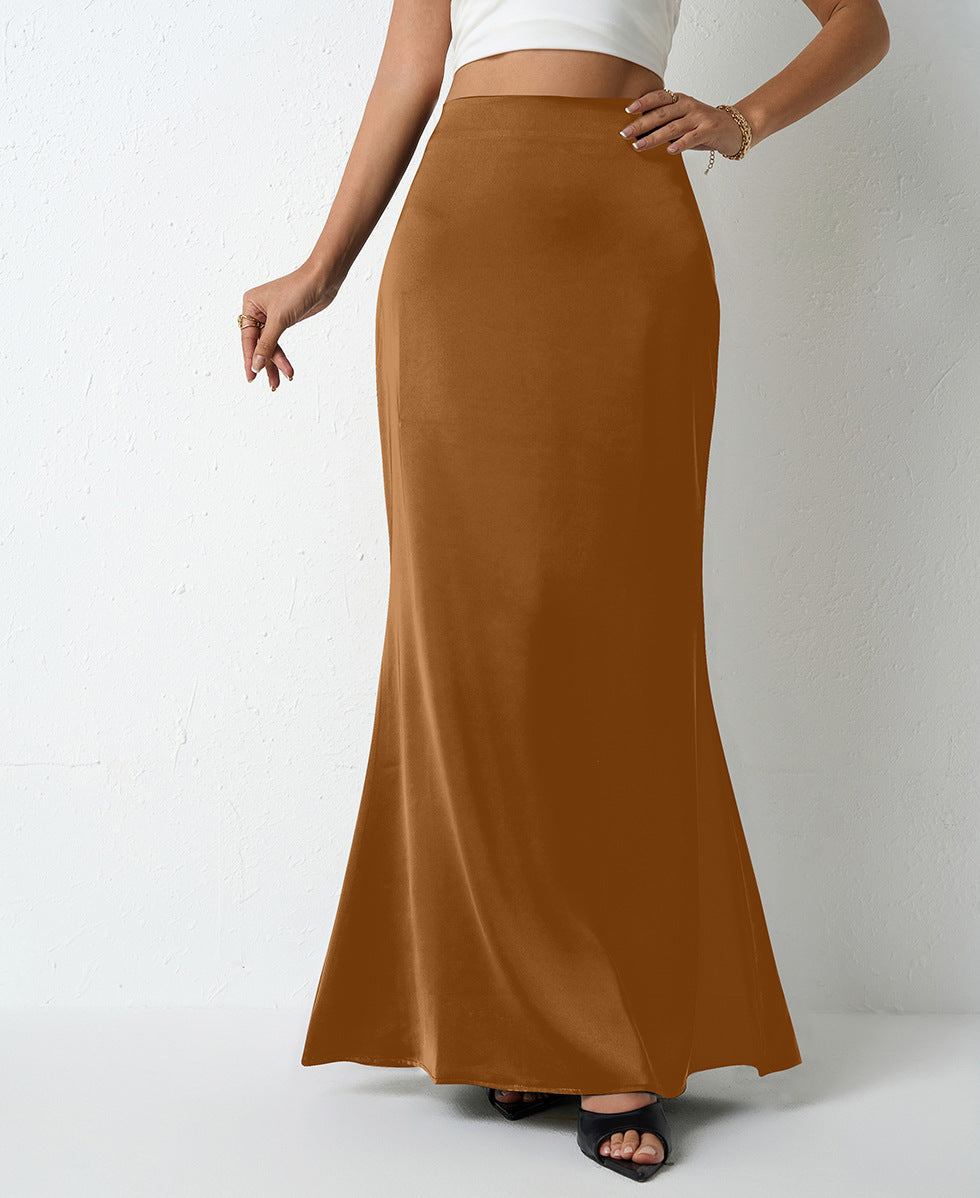 Maxi Skirt in Satin Bias Cut - Brown front view