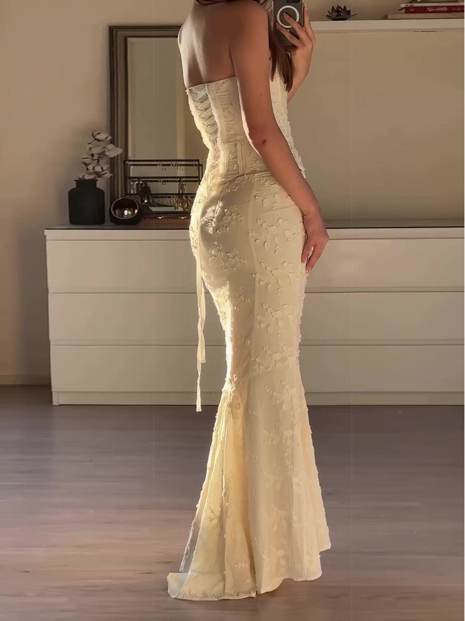 Maxi Skirt Set in Ivory with Strapless Embroidered Top - ivory side view
