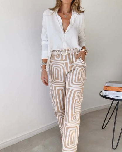 Wide-Leg Trousers & Relaxed Shirt Co-Ord Set in Geometric Print - khaki walking view