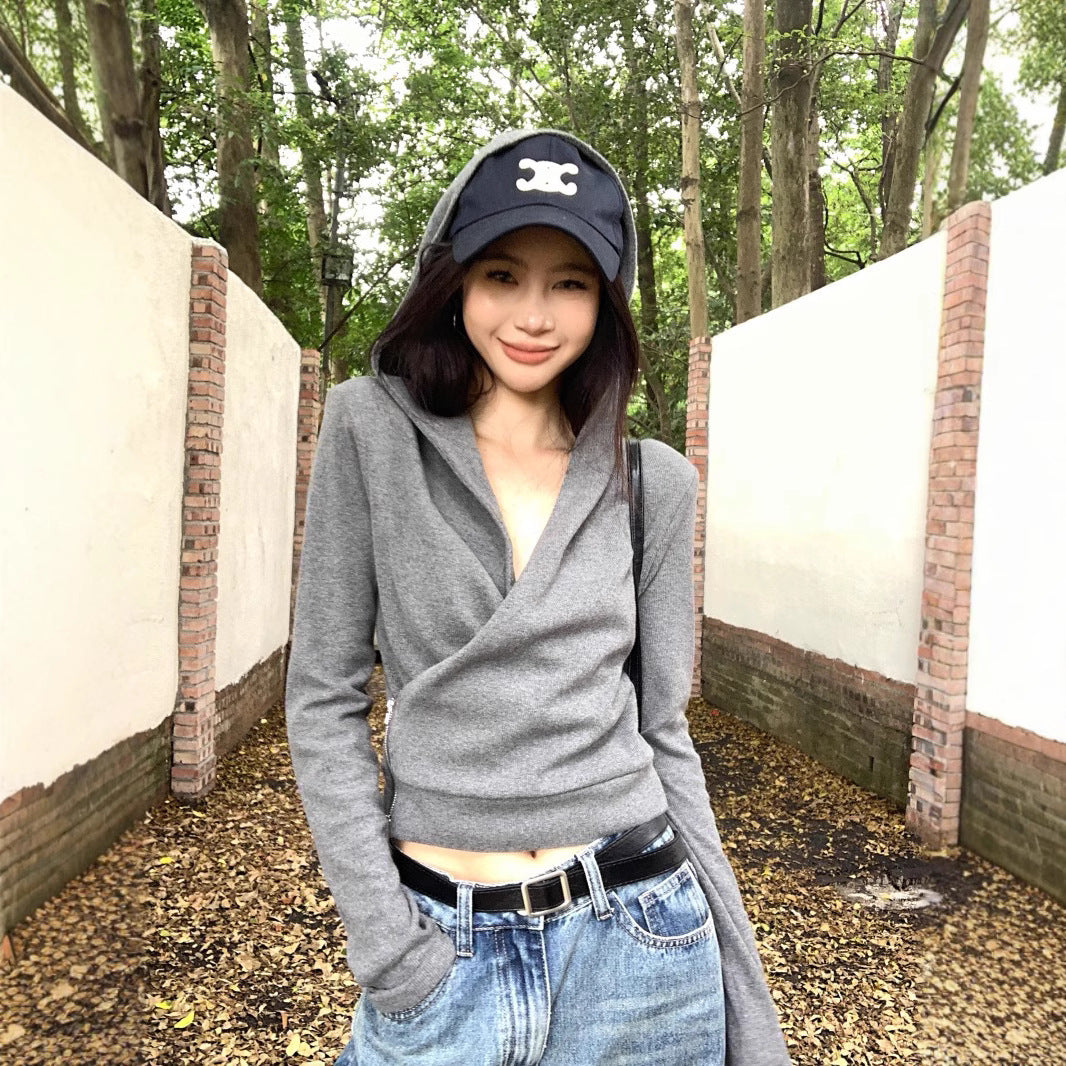 Crop Top in Grey with Wrap Front and Hood - grey front view with hood up