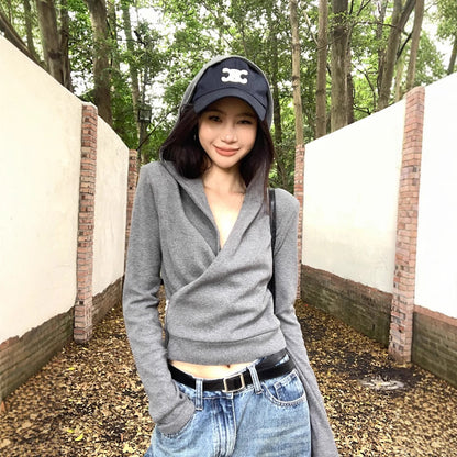 Crop Top in Grey with Wrap Front and Hood - grey front view with hood up
