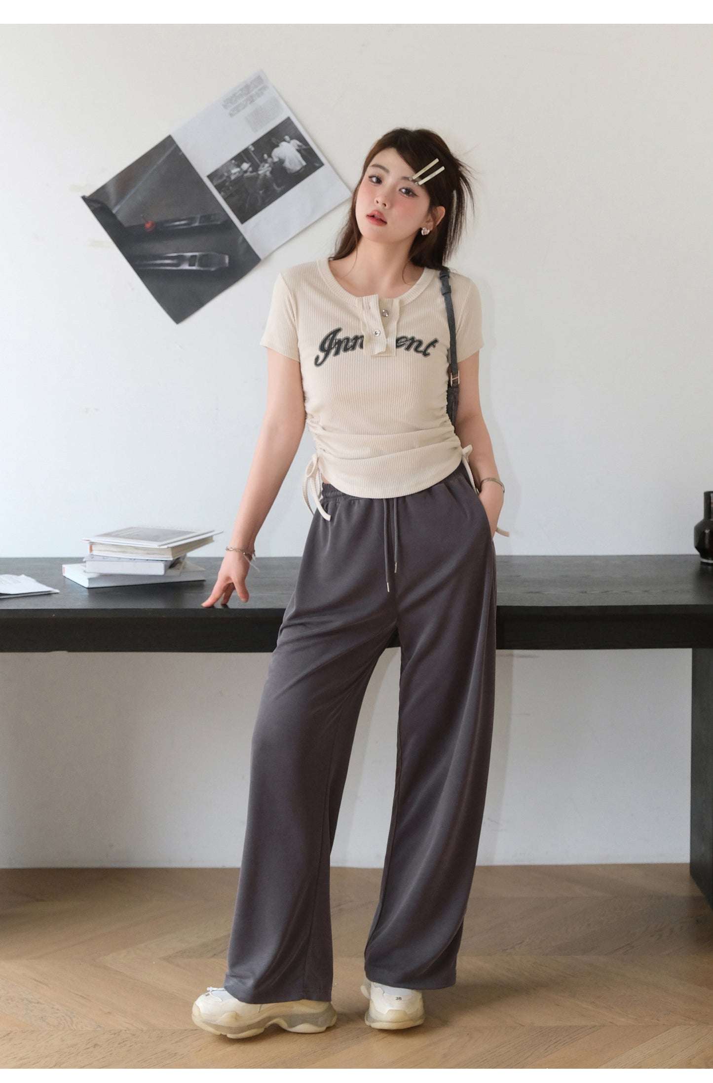 Khaki Ribbed Graphic Print Tee & Grey Wide-Leg Trousers Set - full-length front view