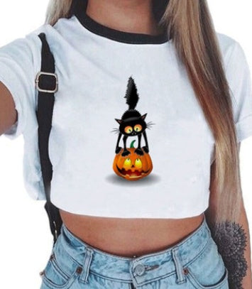 Crop T-Shirt in White with Graphic Print and Contrast Trim - white front with Halloween pumpkin cat graphic