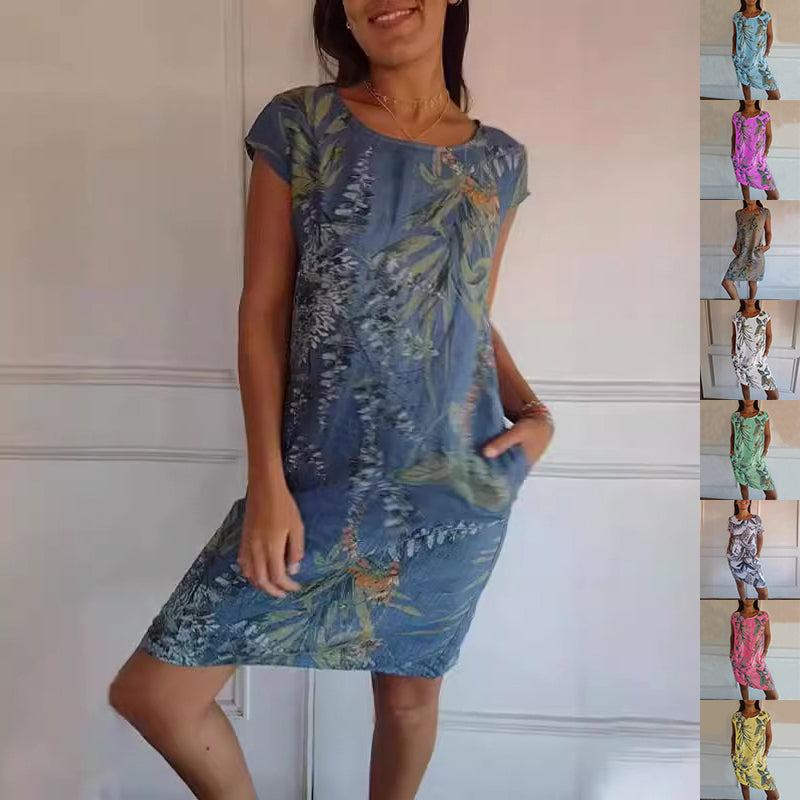 Midi Dress in Tropical Leaf Print with Pockets - blue front view