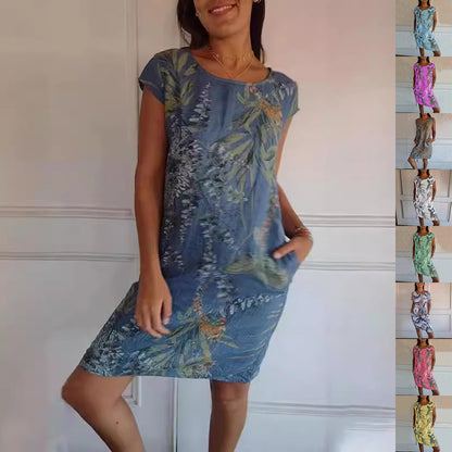 Midi Dress in Tropical Leaf Print with Pockets - blue front view