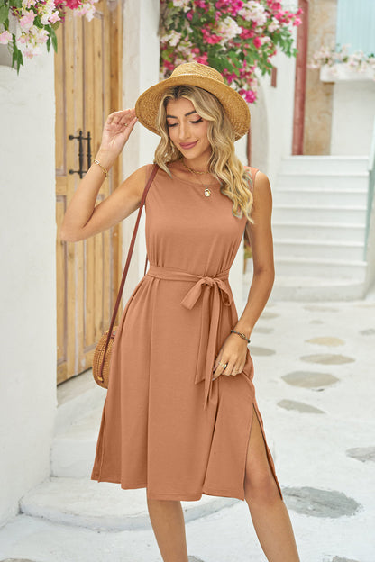 Midi Dress with Tie Waist, Pockets and Side Slits - khaki front with side slit
