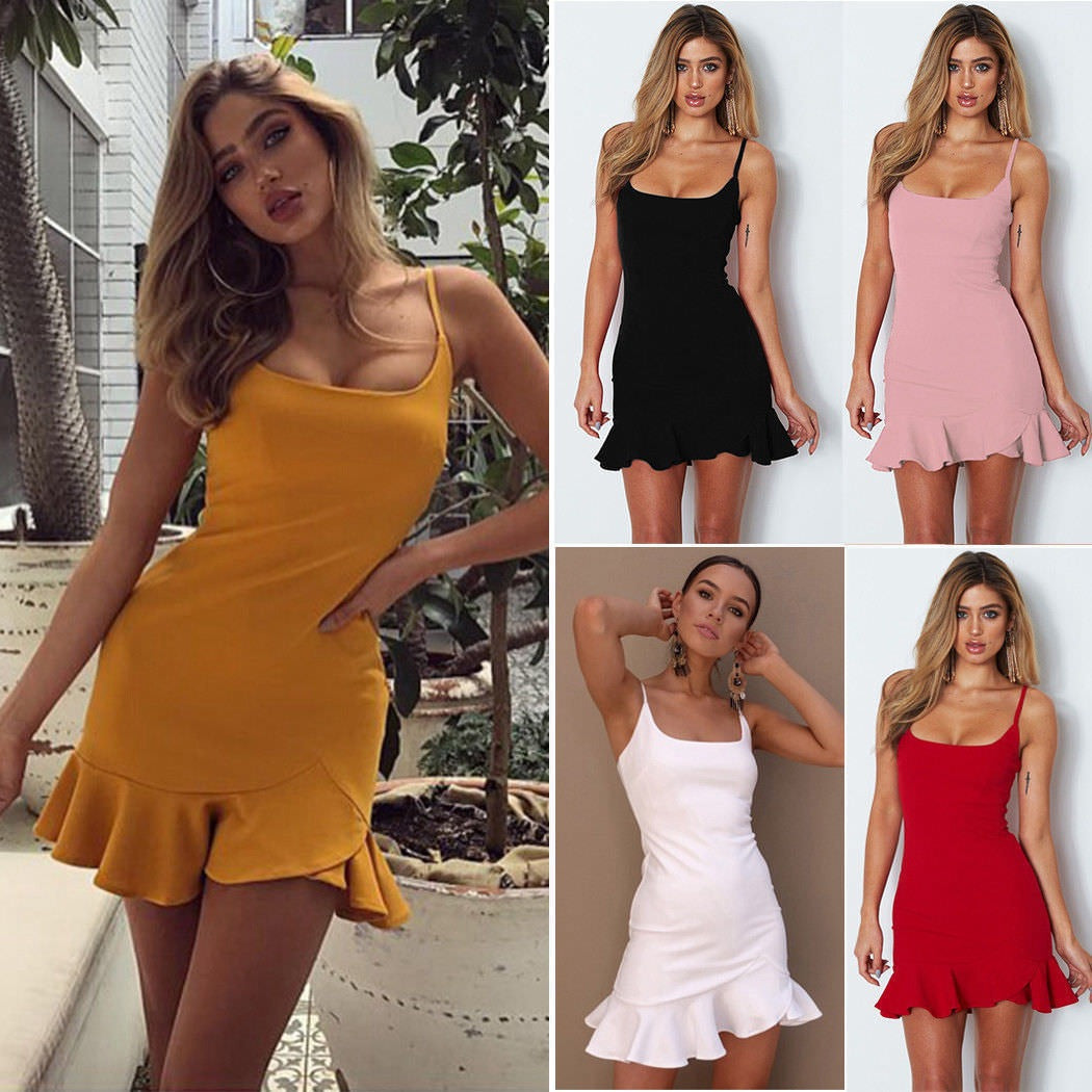 Cami Mini Dress with Square Neck and Ruffle Hem - yellow lifestyle front