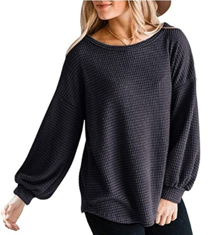 Top in Waffle Texture with Lantern Sleeves - black front view