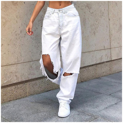 Jeans in White Distressed Baggy Denim - close front fit and ripped knees