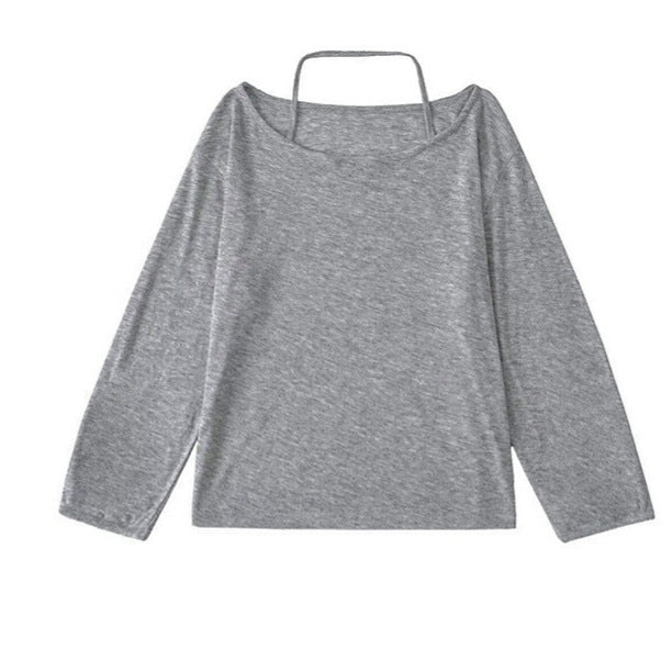 Top with Off-Shoulder Halter Strap - light grey flat lay