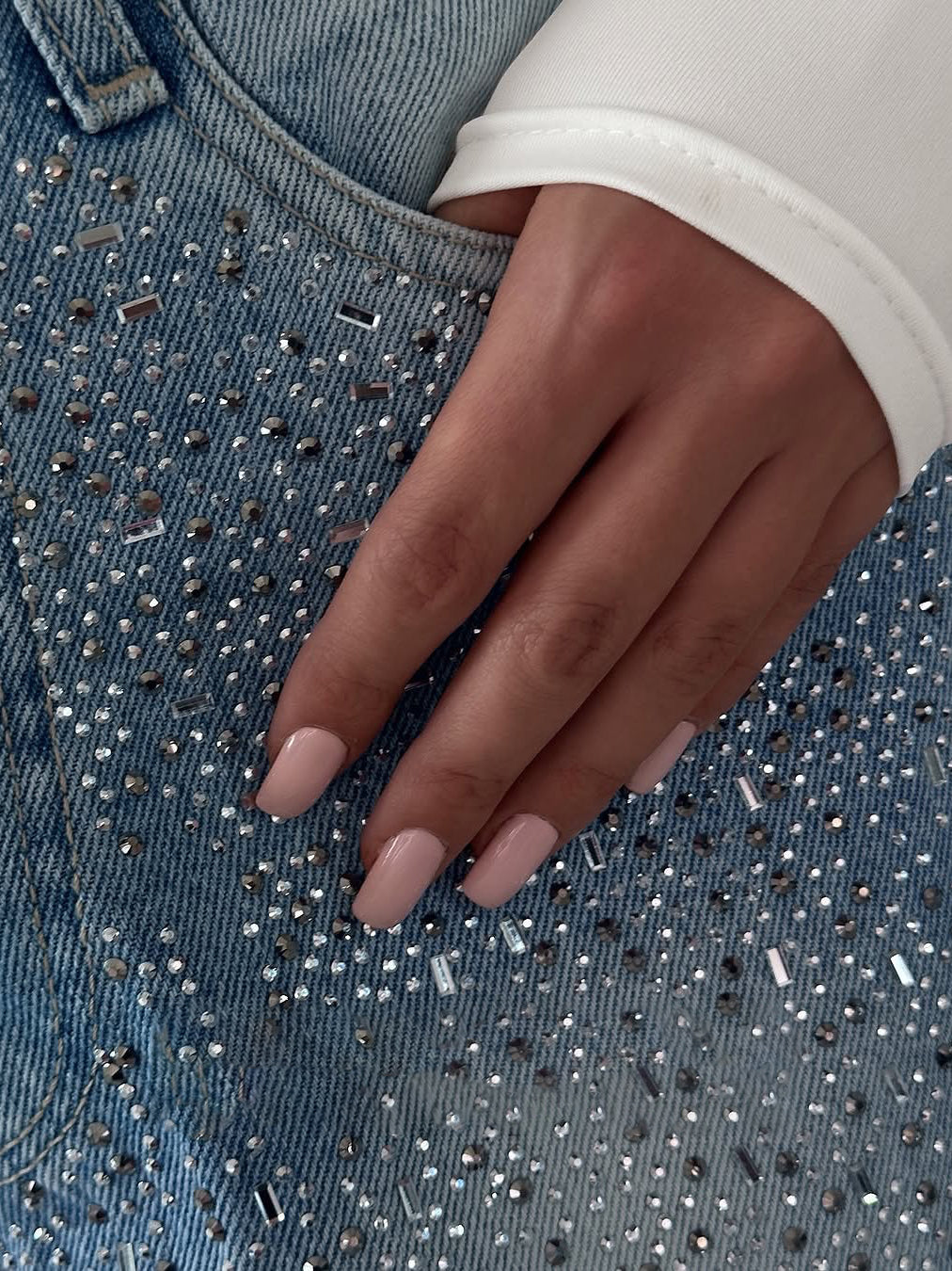 Rhinestone Wide-Leg Puddle Jeans in Blue - rhinestone pocket close-up