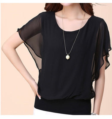 Blouse in Layered Chiffon with Batwing Sleeves - black sleeve drape detail