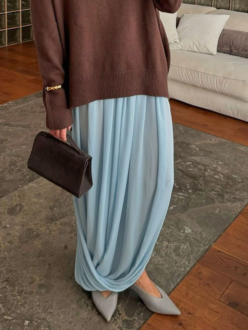 Pleated Wide-Leg Draped Maxi Skirt - light blue, mid-length view with brown knit top