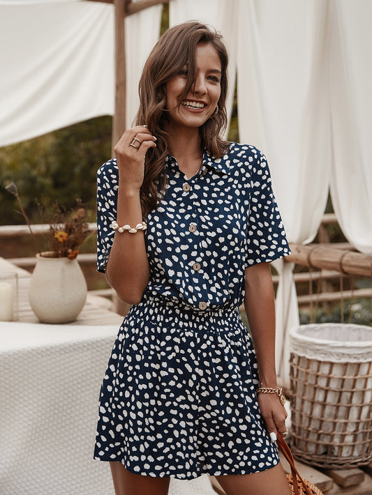 Playsuit with Shirt Collar in Ditsy Floral Print - navy blue smiling front view