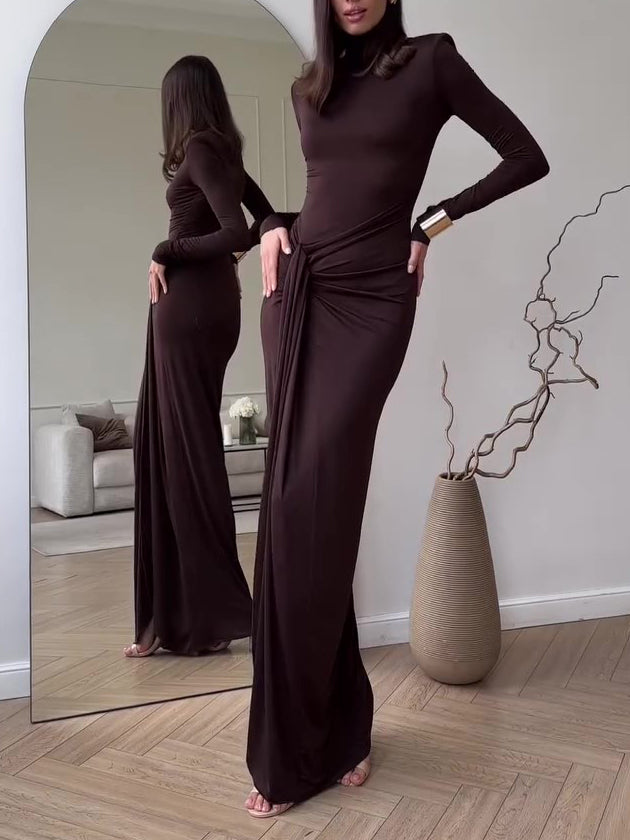 Ruched Slit Maxi Dress in Chocolate Brown - chocolate brown front view with high neck and gathered waist