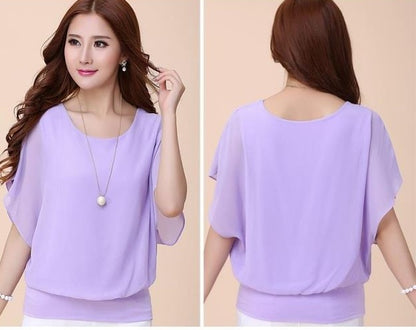 Blouse in Layered Chiffon with Batwing Sleeves - purple front and back view
