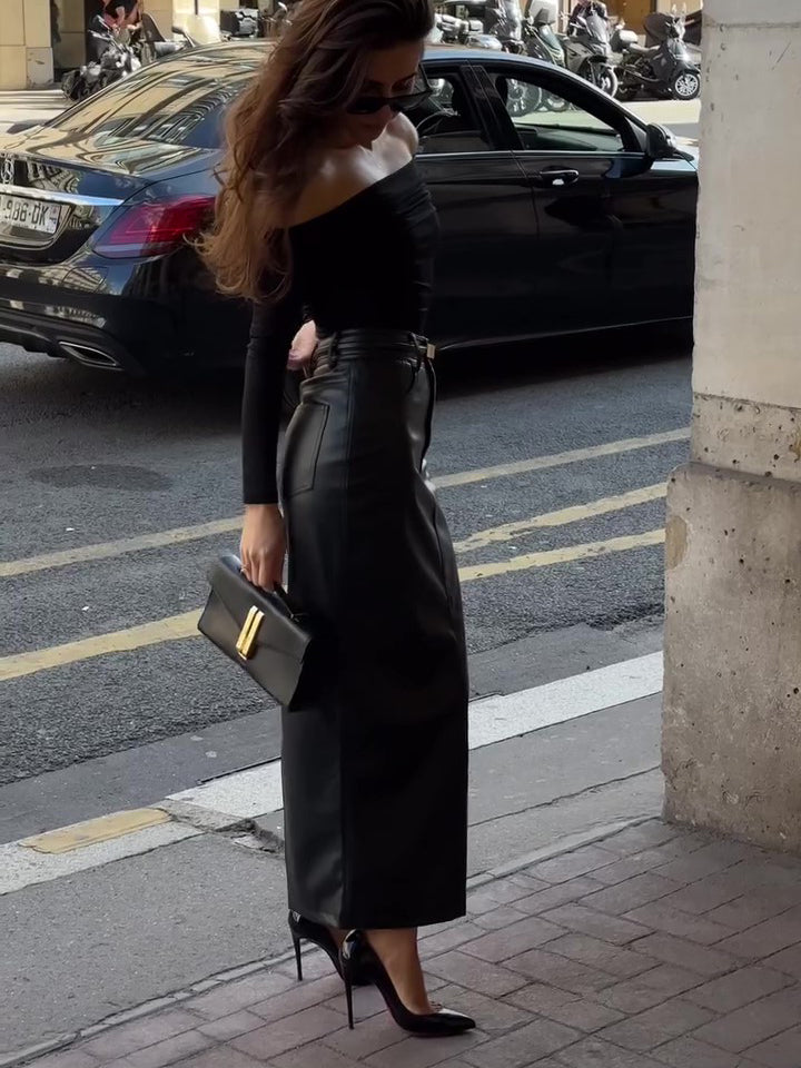 Black Faux Leather High-Waist Maxi Pencil Skirt — street style walking, side view