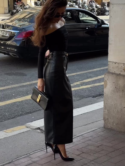 Black Faux Leather High-Waist Maxi Pencil Skirt — street style walking, side view