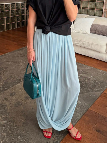 Pleated Wide-Leg Draped Maxi Skirt - light blue, styled with knotted black tee