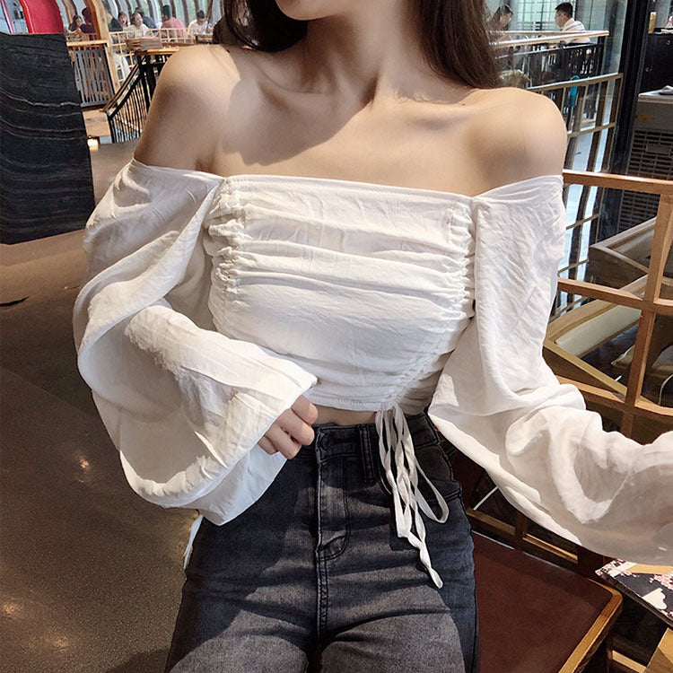 Top with Ruched Bardot Neckline and Lantern Sleeves - white off-shoulder angle