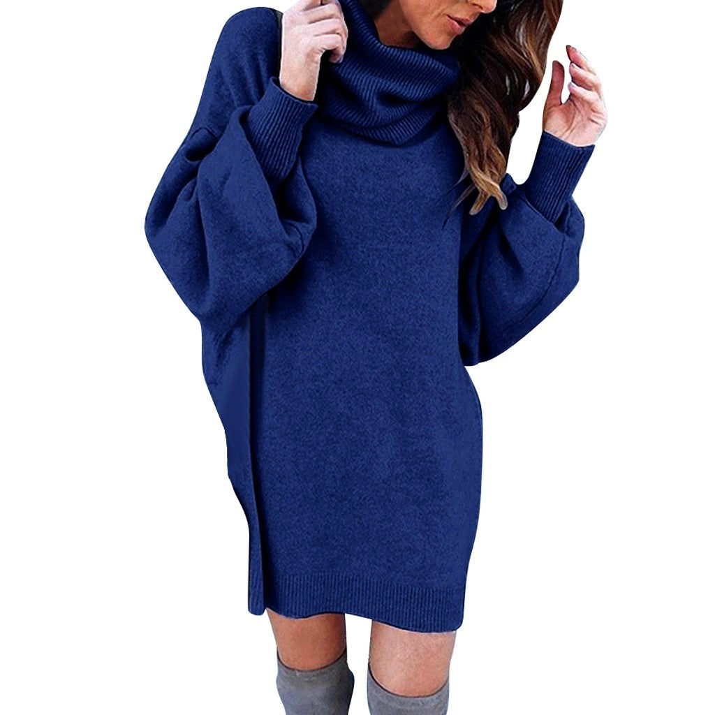 Jumper Dress in Oversized Cowl-Neck Knit - Navy side-front view