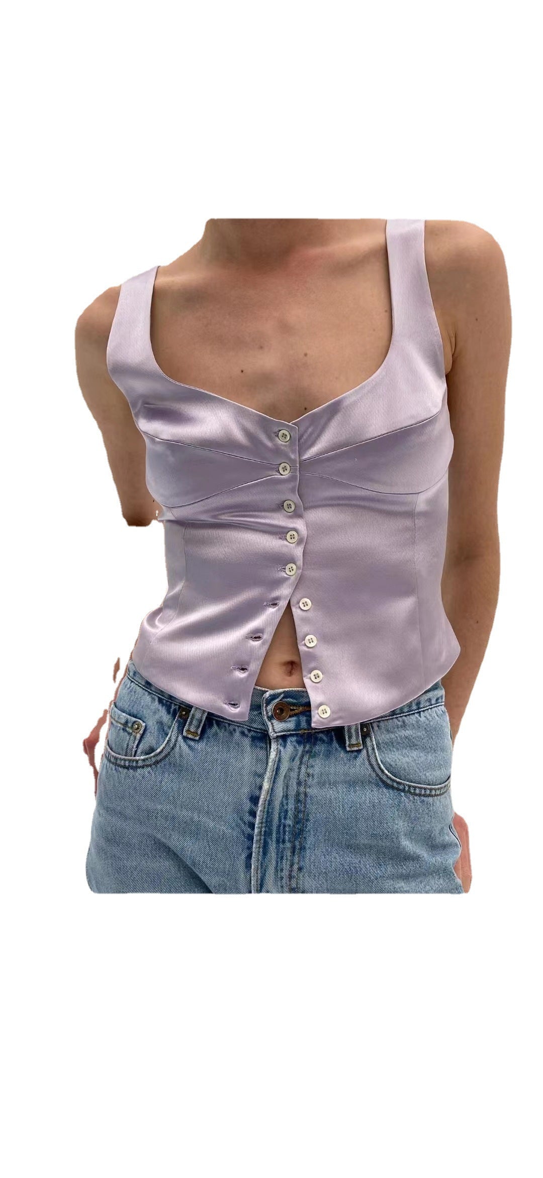 Vest Top in Satin with Square Neck and Button Front - light purple cutout front