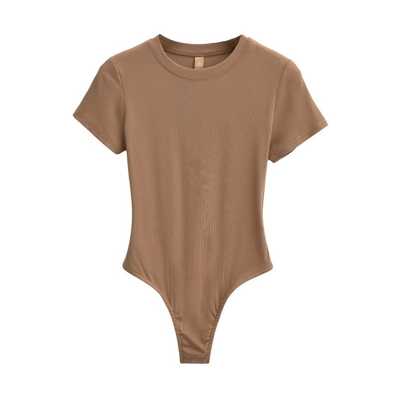 Bodysuit in Stretch Cotton with Short Sleeves - khaki front view