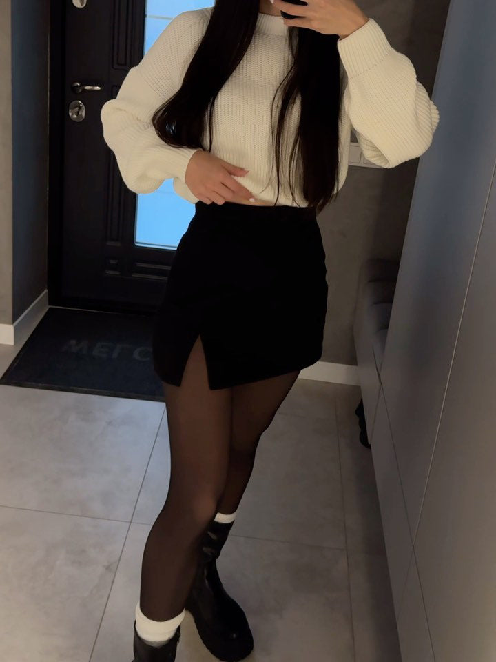 Skorts in Black, High-Waisted Mini - black styled with cream blouse