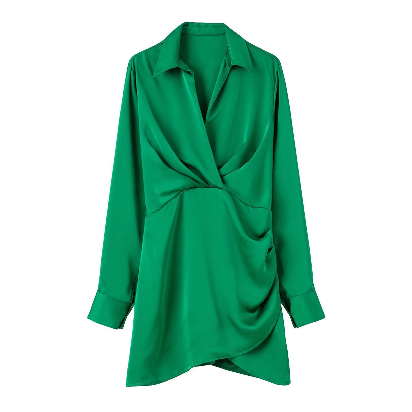 Mini Shirt Dress with Satin-Feel Drape Waist - green front view