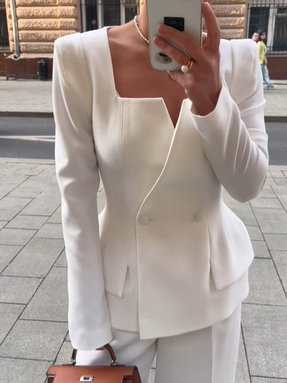 Square-Neck Tailored Blazer in White - white close front view