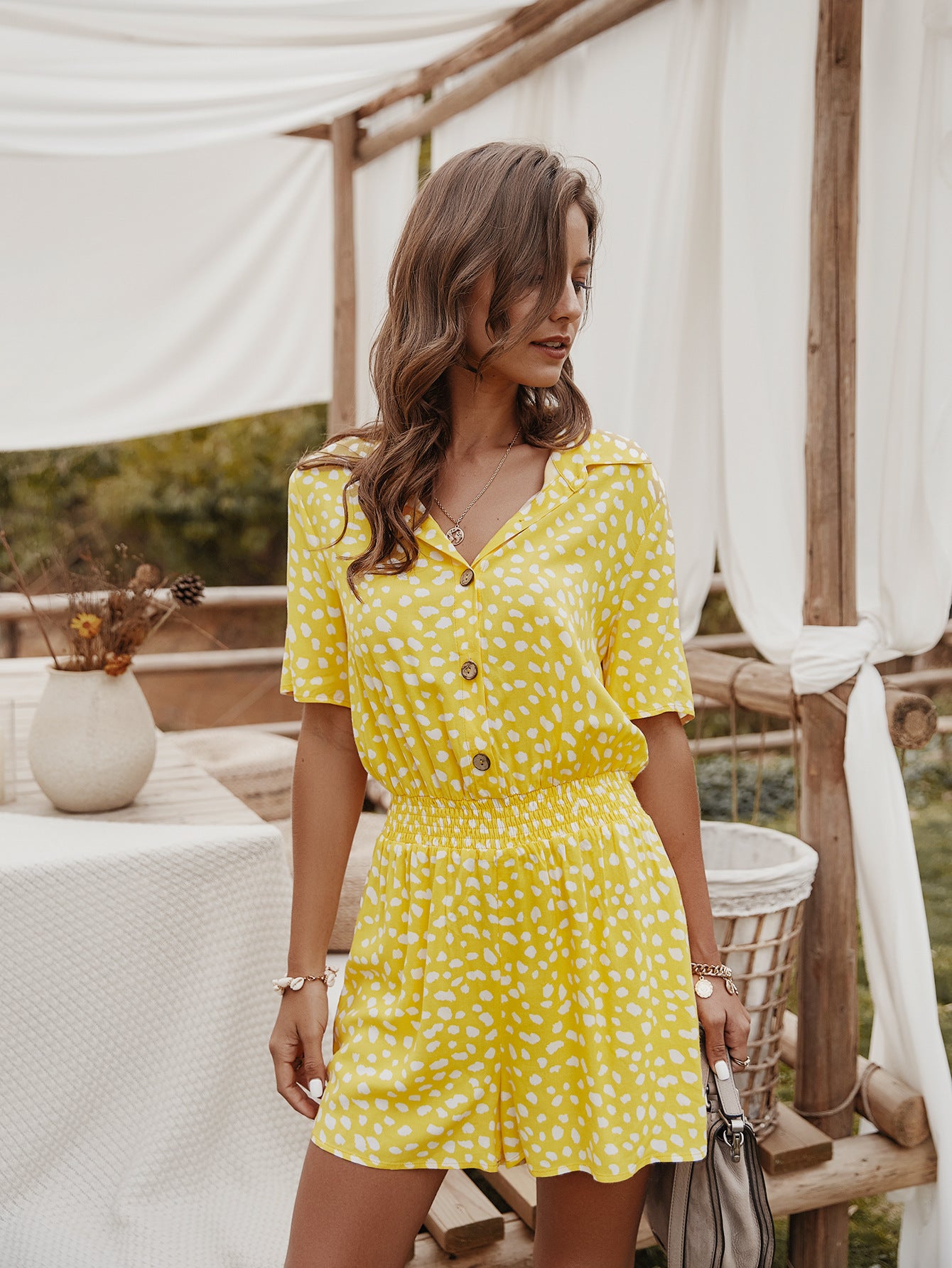 Playsuit with Shirt Collar in Ditsy Floral Print - yellow side angle