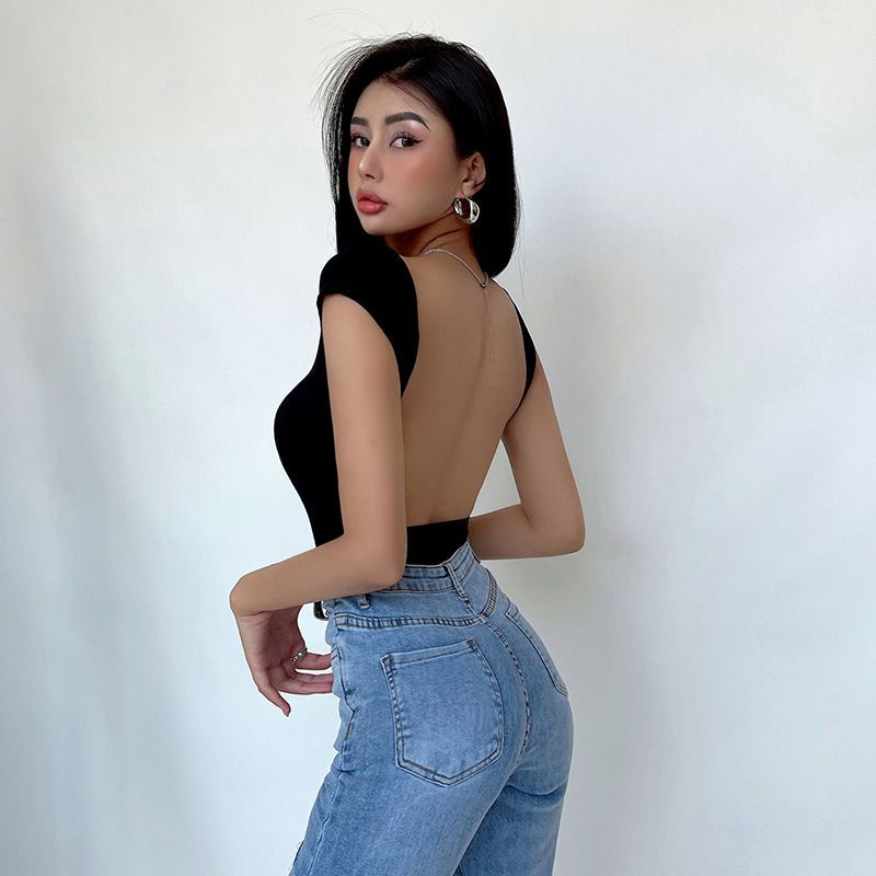Bodysuit with Ribbed Square Neck and Open Back - black open-back back view