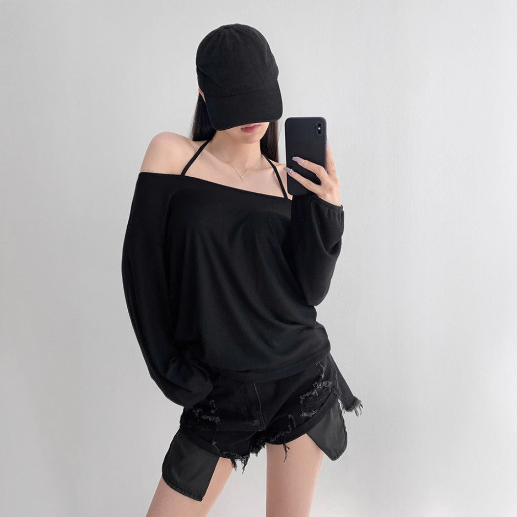 Top with Off-Shoulder Halter Strap - black front view
