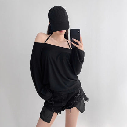 Top with Off-Shoulder Halter Strap - black front view