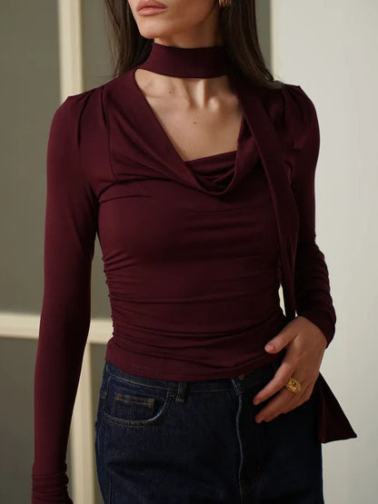 Long-Sleeve Top with Scarf Neck and Drape Front - claret close front view with ruched waist