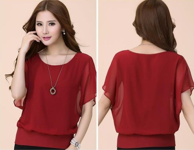 Blouse in Layered Chiffon with Batwing Sleeves - red front and back view