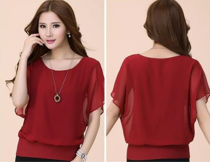 Blouse in Layered Chiffon with Batwing Sleeves - red front and back view