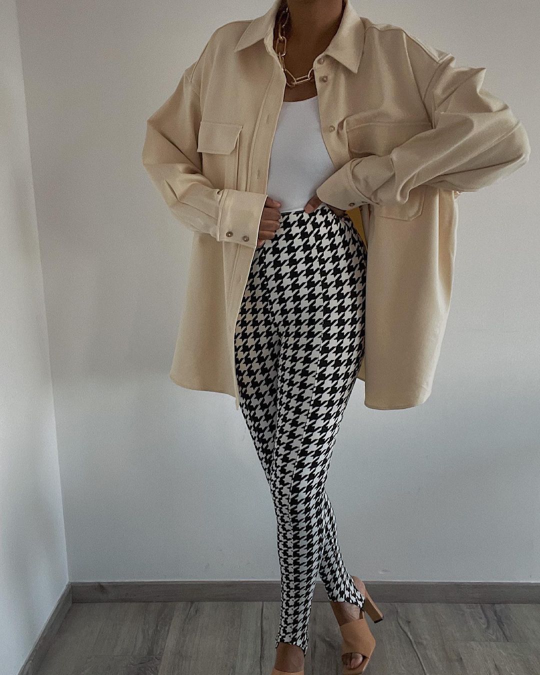 Shirt Jacket in Beige & Dusty Pink with Longline Oversized Fit - beige styled open front view
