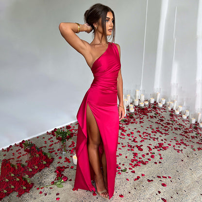 Maxi Dress in Satin with One-Shoulder Open Back and Split - rose red front view