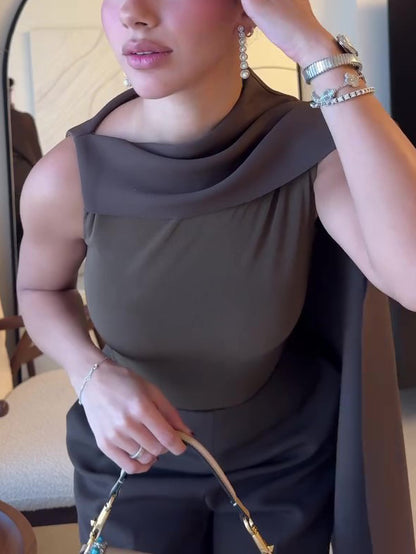Brown Scarf-Drape Top & High-Waist Wide-Leg Trousers Co-ord – close-up of scarf-drape neckline