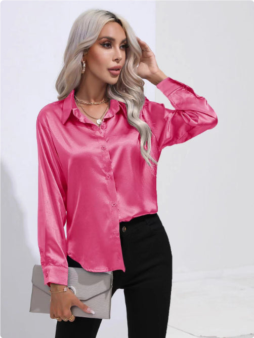 Blouse in Satin with Open Collar and Long Sleeves - glitter pink front view