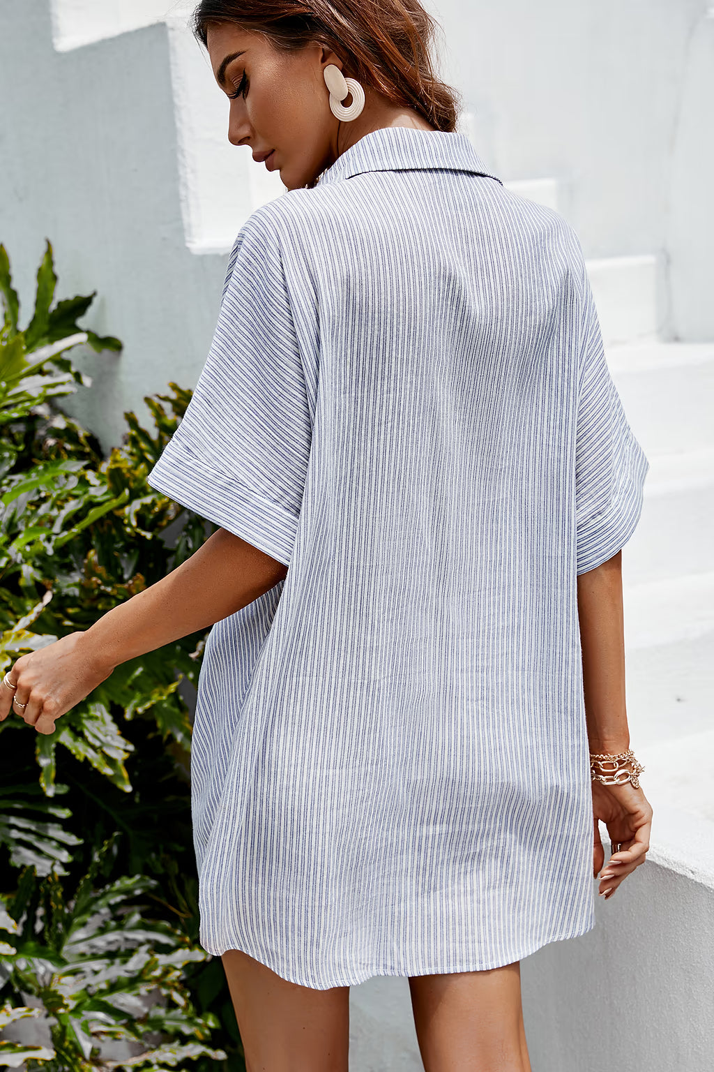 Shirt Dress in Blue Pinstripe with Twist Front - blue pinstripe back view