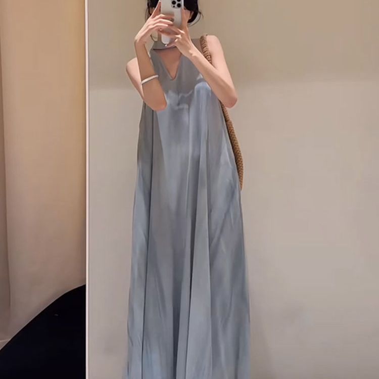 Maxi Dress in Grey-Blue Satin with Draped Neckline - grey-blue full-length front view