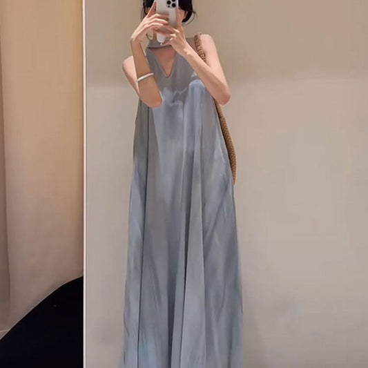 Maxi Dress in Grey-Blue Satin with Draped Neckline - grey-blue full-length front view