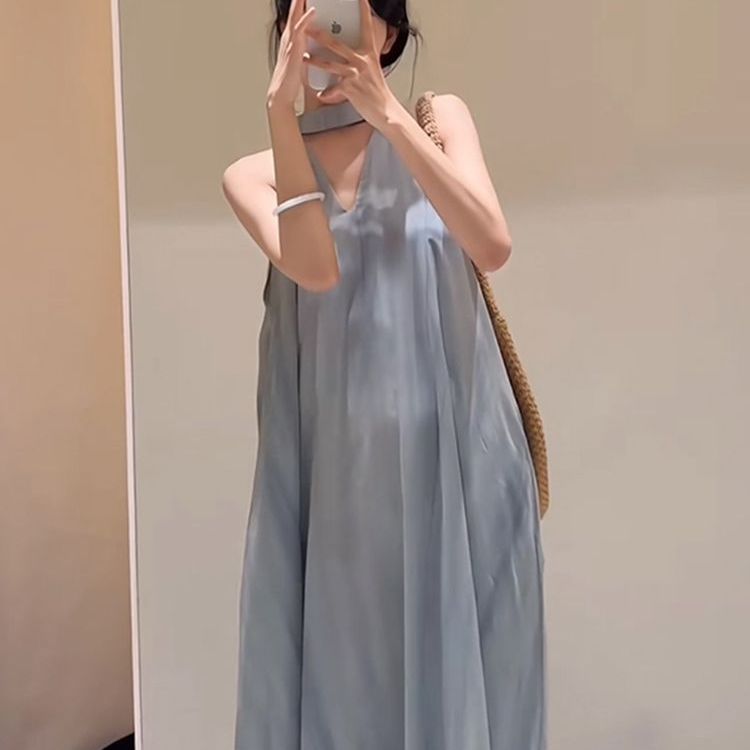 Maxi Dress in Grey-Blue Satin with Draped Neckline - grey-blue draped neckline front view
