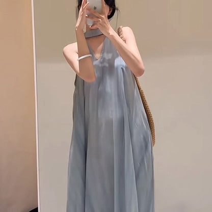 Maxi Dress in Grey-Blue Satin with Draped Neckline - grey-blue draped neckline front view